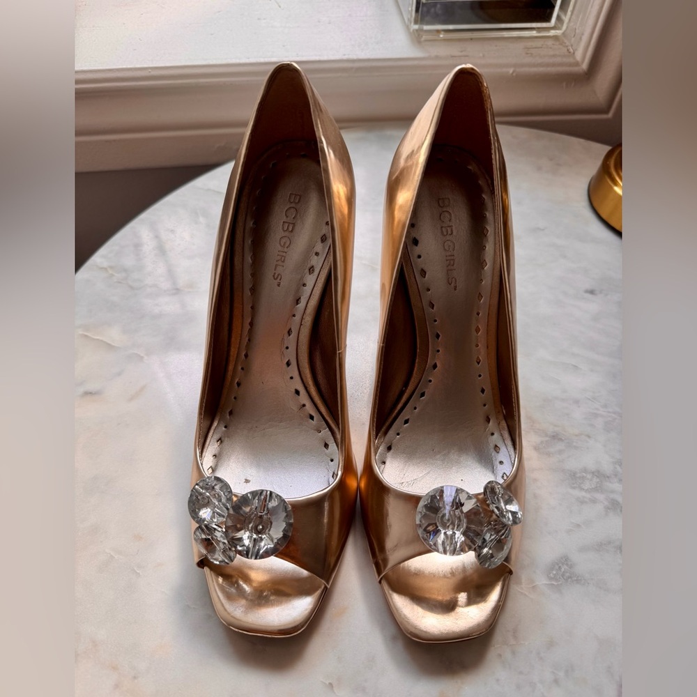 BCBG Silver Open-Toe Heels with Crystal Embellishment